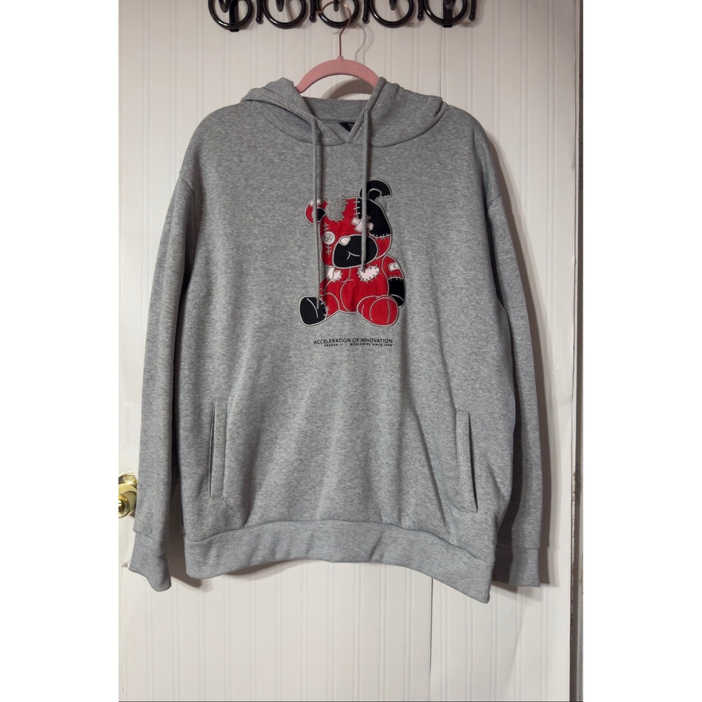 Track 23 Intelligent Design Mens Gray Teddy Bear Graphic Hoodie Sweatshirt L